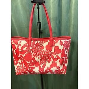 Tory Burch Red Floral Canvas Tote Bag with Leather Trim Designer